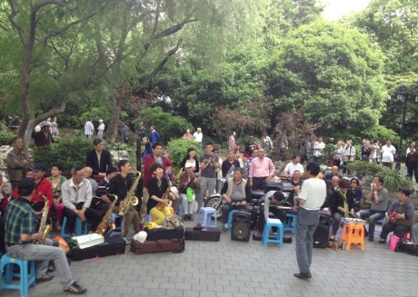 A musical gathering in the park.